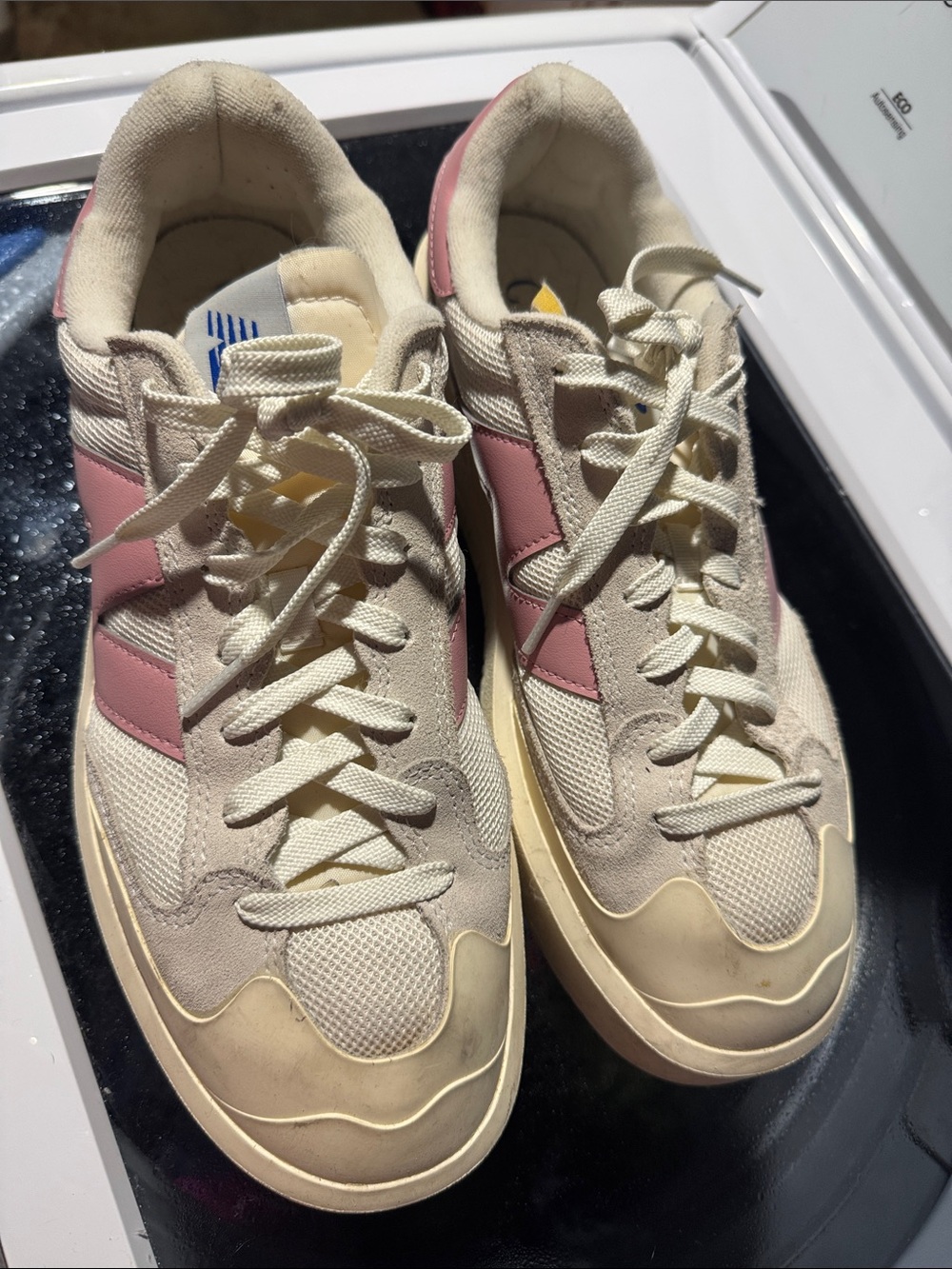 New Balance Cream and Pink Retro Runner Sneakers